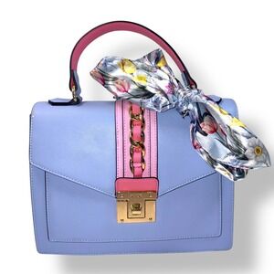 Aldo Satchel Handbag Medium Blue Pink Floral Scarf Chain Detail Turnlock